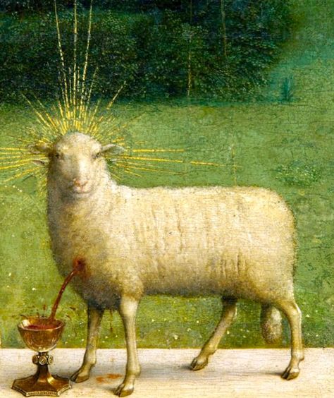 "The Ghent Altarpiece" or "The Adoration of the Mystic Lamb" -- Center Panel Detail -- 1 of 24 compartmental scenes -- 1430-32 -- Hubert & Jan Van Eyck -- Flemish -- Polyptych -- Oil on wood -- Saint Bavo Cathedral, Ghent, Belgium. Robert Campin, Ghent Altarpiece, Van Eyck, Jan Van Eyck, Agnus Dei, Hieronymus Bosch, Art Ancien, The Mystic, Catholic Art