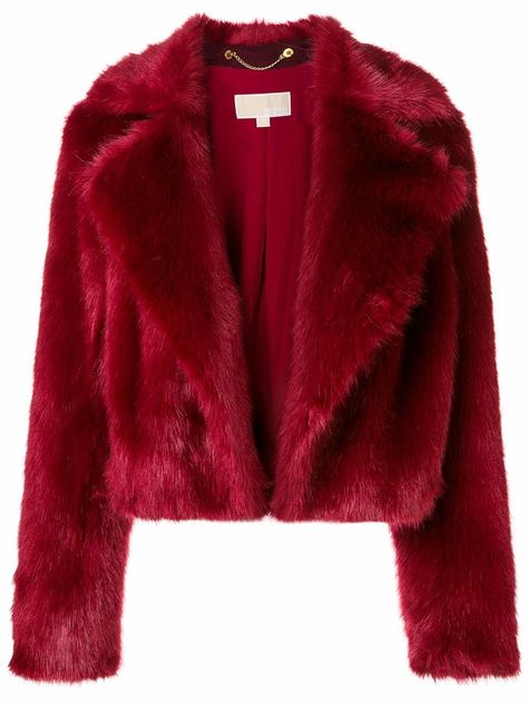 Red Fuzzy Jacket, Red Fluffy Jacket, Red Fur Jacket, Red Fur Coat, Fur Jacket Outfit, Cropped Fur Jacket, Michael Kors Clothes, Glitter Jacket, Designer Jackets For Women