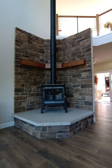 Wood Burning Stove Floor Ideas, Wood Stove Surround Corner, Enamel Wood Stove, Wood Burning Stove Corner, Traditional Fireplaces, Stove Surround, Corner Wood Stove, Wood Stove Surround, Hearth Ideas