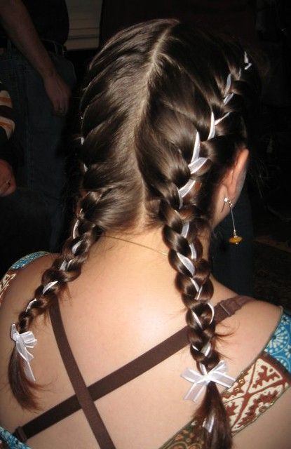 French Braid With Ribbon, Hair Braid Ribbon, Braid With Ribbon, French Braid Short Hair, Braid Ribbon, Two French Braids, Bob Haircut For Round Face, Ribbon Braids, Dance Hairstyles