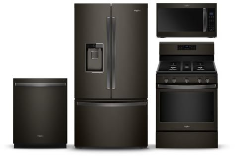 Black Steel Appliances Kitchen, Matte Kitchen Appliances, All Black Kitchen Appliances, Gray Kitchen With Black Appliances, Black Stainless Steel Fridge, Stainless Black Kitchen Appliances, Black Kitchen Black Appliances, All Black Appliances Kitchen, Matte Black Appliances