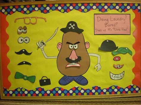 Mr. Potato Head interactive bulletin board. This would be a fun way to practice body parts! Interactive Holiday Bulletin Boards, Mr Potato Head Bulletin Board, Interactive Staff Bulletin Boards, Interactive Bulletin Boards Work, Interactive Bulletin Board Ideas, Bulletin Board Interactive, Staff Bulletin Boards, Res Life Bulletin Boards, Bulletin Boards Theme