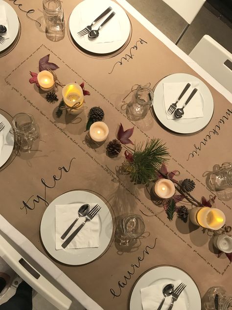 Thanksgiving Burlap Table Settings, Thanksgiving Simple Table Decorations, Brown Kraft Paper Table Cloth, Brown Paper Food Table, Thanksgiving Paper Table Runner, Brown Paper Runner Thanksgiving, Thanksgiving Writing On Table, Brown Paper Runner Table, Brown Paper For Table Cover