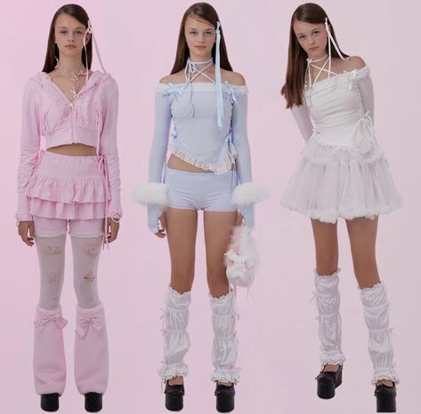 3 pastel pink, blue, and white outfits with legwarmers, off the shoulder tops, and short skirts or shorts. by the brand shushucherry Pastel Blue Outfit, Melanie Concert, Blue Outfit Winter, Blue Skirt Outfits, Blue And White Outfits, Outfits Pastel, Pastel Outfit, Blue Outfit, Pink Outfits