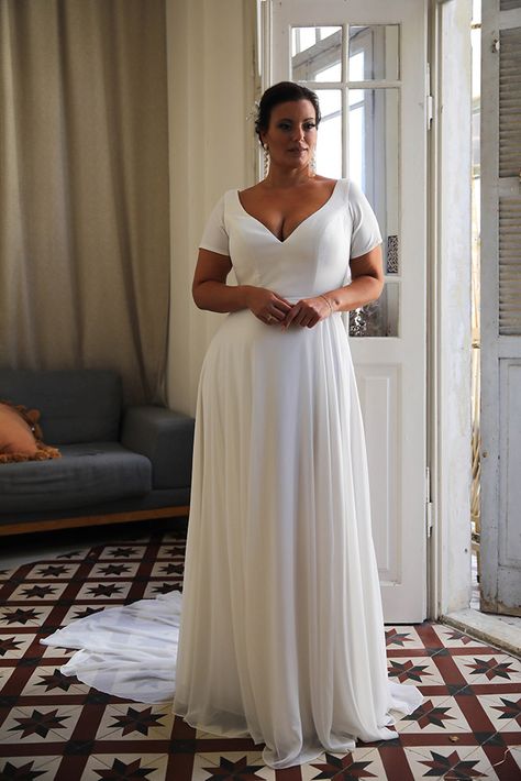 Ivory Petals- Plus size wedding gowns – Studio Levana – Couture Wedding Gowns Mid Size Women Wedding Dress, Wrap Wedding Dress Plus Size, Plus Size Wedding Dresses Sleeveless, Wedding Dress Midsize Model, Midsize Wedding Dress A Line, Minimal Plus Size Wedding Dress, Wedding Hair For Plus Size Brides, Simple Curvy Wedding Dress, Casual Plus Size Wedding Dress