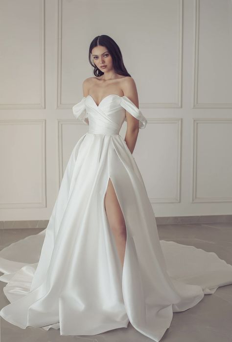 Neta Dover- Rona Neta Dover, Sweetheart Neckline Off The Shoulder, Mikado Gown, Glitters Skirt, Tulle Sleeves, Blush Bridal, Long Train, New Wedding Dresses, A Line Gown