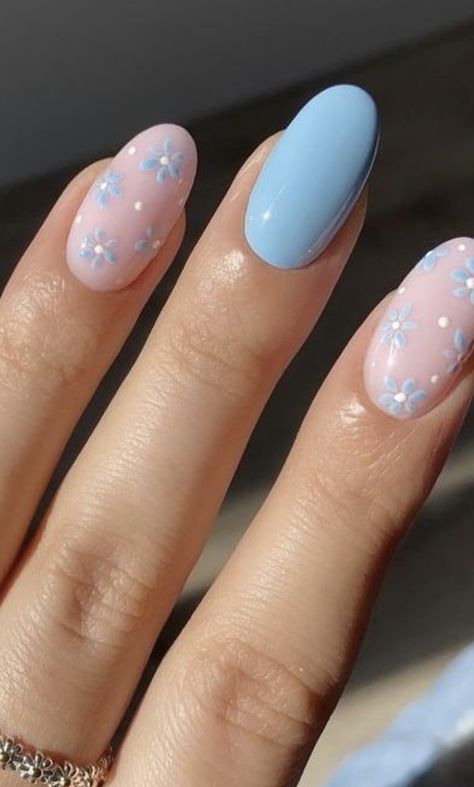 Dusty Blue Nail Art, Dusty Blue Nail Ideas, Dusty Blue Nail Designs, Sky Blue Nails Almond Shape, Something Blue Nails, Pale Blue And Pink Nails, Dusty Blue Nails Wedding, Nude Nails With Blue Flowers, Dusty Blue Wedding Nails