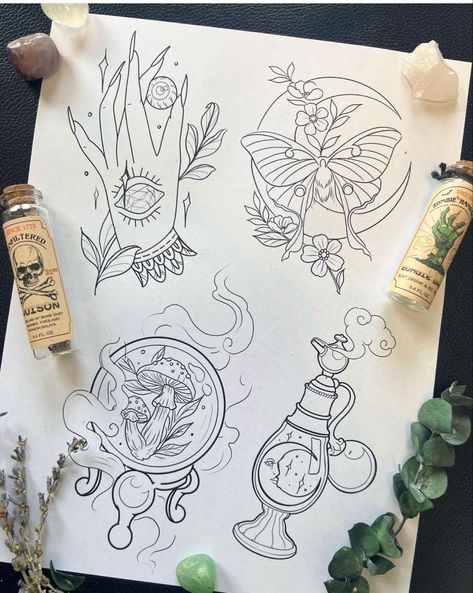 Line drawings of a hand holding an eyeball, a luna moth and moon, a perfume bottle with a moon inside and a crystal ball with mushrooms inside. Crystal Ball Tattoo, Witchy Crystals, Luna Moth Tattoo, Pagan Tattoo, Ball Tattoo, Crystal Tattoo, Movie Tattoos, Witch Tattoo, Moth Tattoo