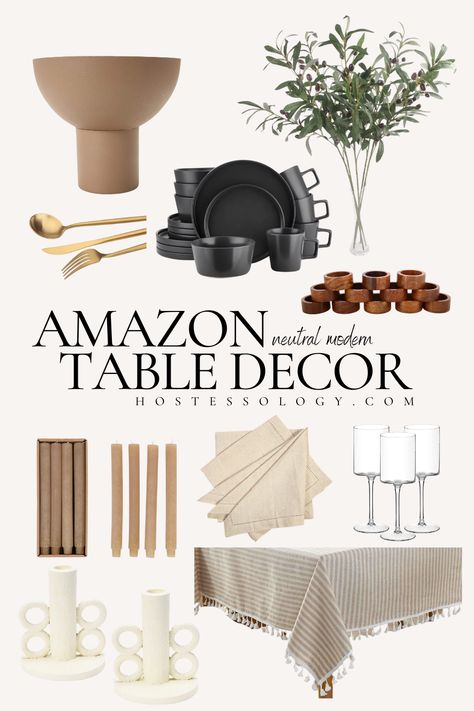 Modern neutral table decor finds from Amazon to get an affordable luxury aesthetic. | #modernneutral #tabledecor #moderntabledecor | minimalist centerpieces and tablescapes in earth tones Midcentury Modern Tablescape, Amazon Thanksgiving Table, Amazon Table Decor, Minimalist Centerpieces, Neutral Table Decor, Organic Table Setting, Dining Room Table Decor Centerpiece, Square Wine Glasses, Midcentury Modern Kitchen Table