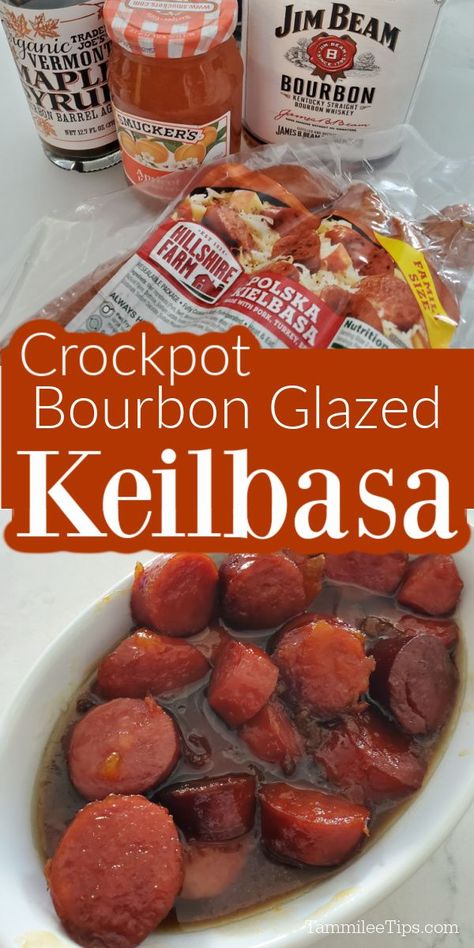 Keilbasa Recipes Crockpot Grape Jelly, Crockpot Kelbeisa, Bourbon Glazed Kielbasa, Bourbon Tasting Party Food Snacks, Party Appetizer Recipes Crockpot, Crockpot Kielbasa Appetizer, Kielbasa Appetizer Crockpot, Gluten Free Crockpot Appetizers, Bourbon Tasting Party Food