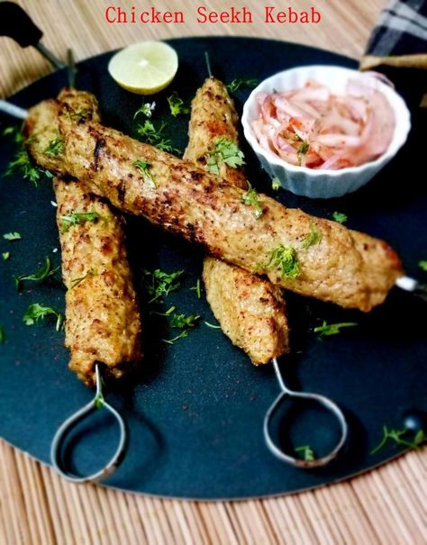 Seekh Kebab | Easy Chicken Seekh Kebab Recipe– Palate's Desire Chicken Seekh Kebab Recipe, Kebabs In The Oven, Indian Zucchini, Beef Tikka, Sheek Kebab, Chicken Seekh Kebab, Shami Kebabs, Seekh Kebab Recipes, Seekh Kebabs