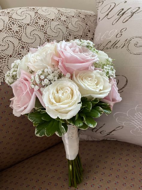 Light Pink And White Hoco Bouquet, Simple Prom Flowers Bouquets, Simple Homecoming Bouquets, Pink Peony Bouquet Wedding With Greenery, Prom Bouquet White Roses, Light Pink Hoco Bouquet, Prom Bouquet Ideas Color Schemes Green, Hoco Bouquet Pink, Light Pink Prom Bouquet