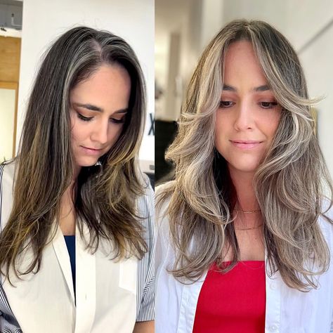 Brunette Hair with Balayage to Hide Grays Grey Hair Coverage Ideas, Hide Gray Hair With Highlights Brunettes, Hair With Highlights Brown, Blending Gray Hair With Highlights, Gray Hair With Highlights, Gray Blending, Gray Balayage, Grey Hair Coverage, Long Haircut