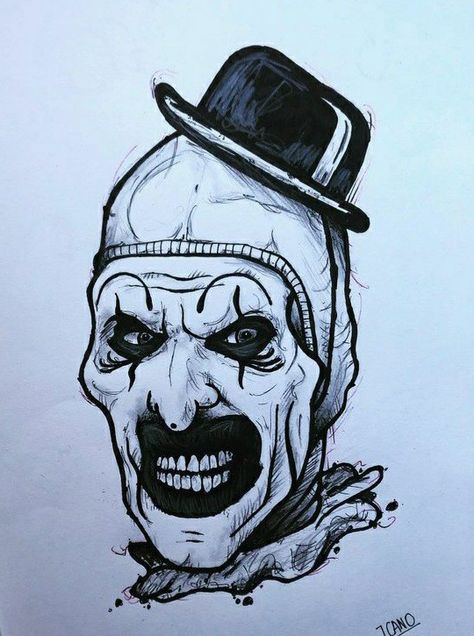 Japanese Horror Drawing, Art The Clown Drawing Easy, Terrifier Tattoo Ideas, Horror Ink Drawing, Art The Clown Sketch, Art The Clown Drawing Sketch, Terrifier Sketch, Terrifier Tattoo Design, Drawing Characters Character Sketches