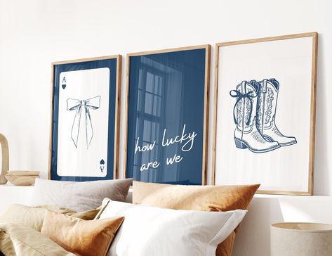 Navy How Lucky Are We, Coastal Cowgirl Print, Girly Western Wall Art, Coquette Decor, Cute Apartment Aesthetic, Trendy Wall Art, Set of 3 Blue Cowgirl Room, Coastal Cowgirl House, Coastal Cowgirl Nursery, Coastal Cowgirl Aesthetic Room Decor, Coastal Cowgirl Apartment, Costal Cowgirl Aesthetic Bedroom, Cute Apartment Aesthetic, 2025 Reset, Cowgirl Room Ideas