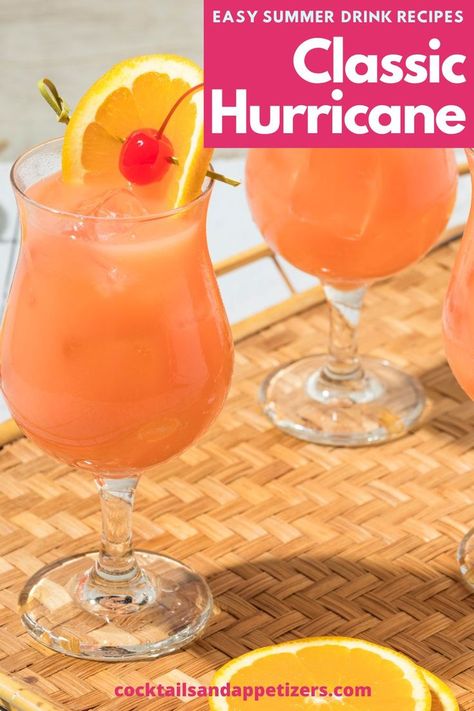 Tropical and refreshing, this Hurricane Cocktail is a bright and fruity beverage served in hurricane glasses for a super tasty drink that’s perfect for the summer! Coconut rum, triple sec and pineapple juice come together for summer drinks perfect for parties, game day and pool parties! Summer cocktails and fruity drinks with alcohol your guests will enjoy. Fruity Drinks With Alcohol, Fun Summer Drinks Alcohol, Drinks With Alcohol, Fruity Summer Drinks, Summer Drinks Alcohol Recipes, Coconut Rum Drinks, Tropical Drink Recipes, Fruity Alcohol Drinks, Fun Summer Drinks