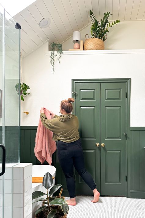 Green Vertical Shiplap Bathroom, Shiplap Bathroom Ceiling, Bathroom 2023, Ceiling Diy, Painting Shiplap, Floor Grout, Small Bathroom Tiles, Installing Shiplap, Shiplap Ceiling