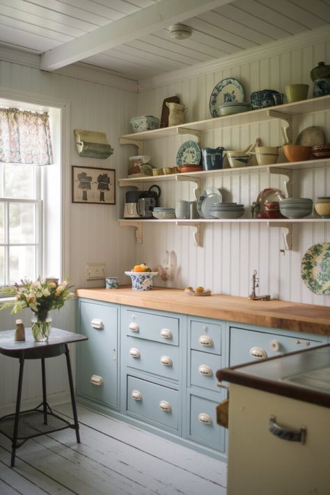 14 Blue and White Kitchen Ideas for Every Style and Taste - My Decor Inspo White Kitchen Blue Cabinets, Blue And Tan Kitchen, Cottagecore Kitchen Aesthetic, Blue And White Kitchen Ideas, Blue And White Kitchen Cabinets, Blue And White Kitchens, White And Blue Kitchen, Tan Kitchen, Cali House