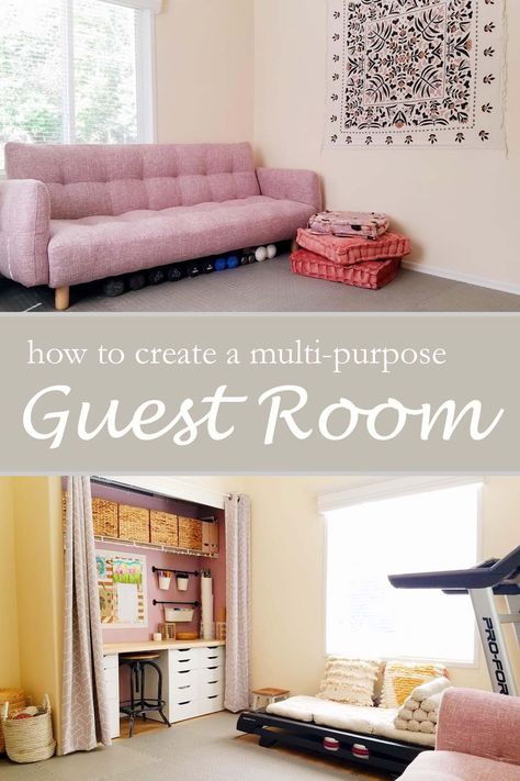 Home Office Craft Room Gym, Small Home Gym Guest Room, Guest Room Office Workout Room, Spare Bedroom Multipurpose, Craft Room And Spare Bedroom, Guest And Workout Room, Craft And Workout Room Ideas, Fitness And Guest Room, Workout Spare Bedroom