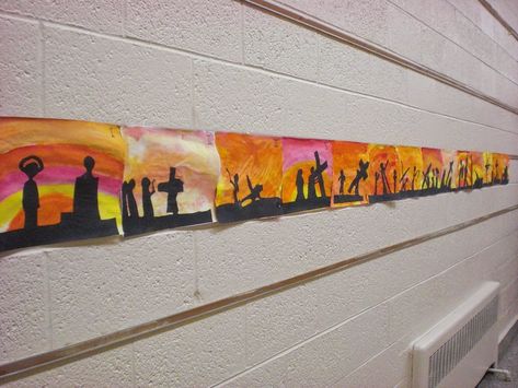 Look to Him and be Radiant: Sunset & Shadow Stations of the Cross Art Project Stations Of The Cross Art, Easter Art Projects, Easter Art Lessons, Art Projects For Middle School, Christian Easter Art, Sunset Shadow, Easter Art Project, Trendy Easter, Faith Based Art