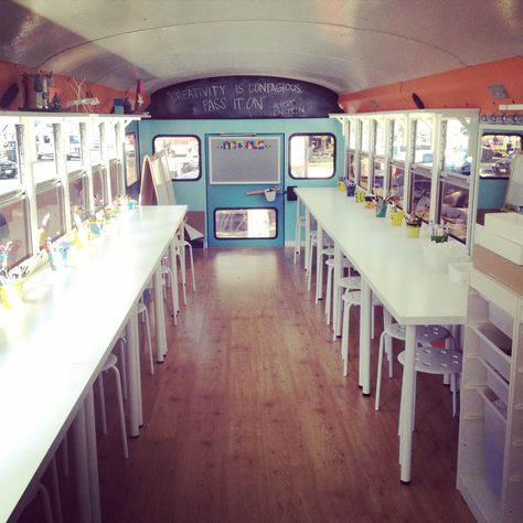 Follow the Art Bus on Instagram @art_bus Art Truck Mobile, Art Studio On Wheels, School Bus Converted To Food Truck, Mobile Art Studio Trailer, Bus Art Studio, Truck Camping Ideas, School Bus Classroom, Bus Cafe, Mobile Art Studio