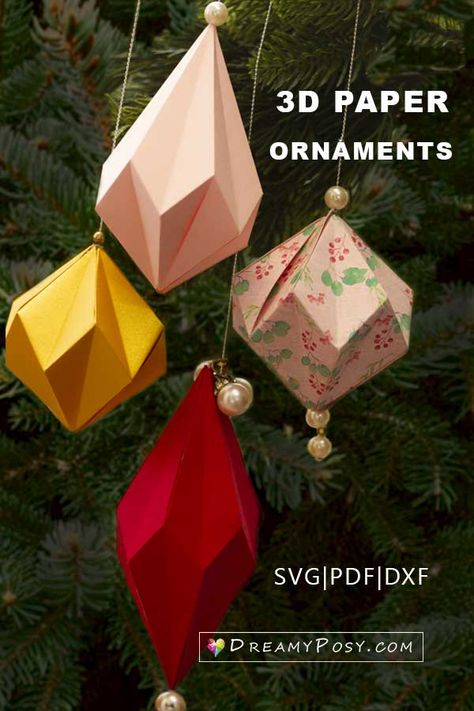 DIY 3D paper ornaments from SVG and PDF templates. Paper 3d Ornaments, Diy 3d Christmas Ornaments, Diy 3d Paper Ornaments, 3d Paper Art Cricut, 3d Paper Christmas Decorations, Oragami Christmas Ornaments Step By Step, 3d Paper Ornament Template, 3d Christmas Paper Craft, Scrapbook Paper Christmas Ornaments