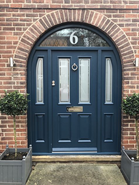 Hague Blue Front Door Farrow Ball, 1930s Arched Front Door, Blue Front Door Brick House, Navy Front Door Colors, Front Door Arch, Navy Blue Front Door, Farrow And Ball Hague Blue, Arched Exterior Doors, Navy Front Door