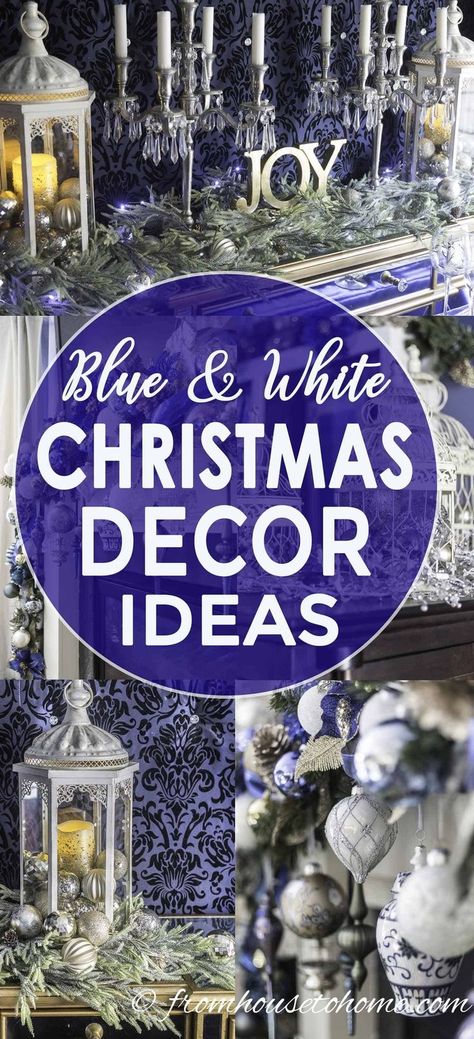 Blue And White Christmas Decor, Holiday Table Inspiration, Decorating Fireplace, Christmas Home Decorating, Tree Living Room, White Christmas Decor Ideas, Mantle Christmas, Blue And White Christmas, Blue Christmas Decor