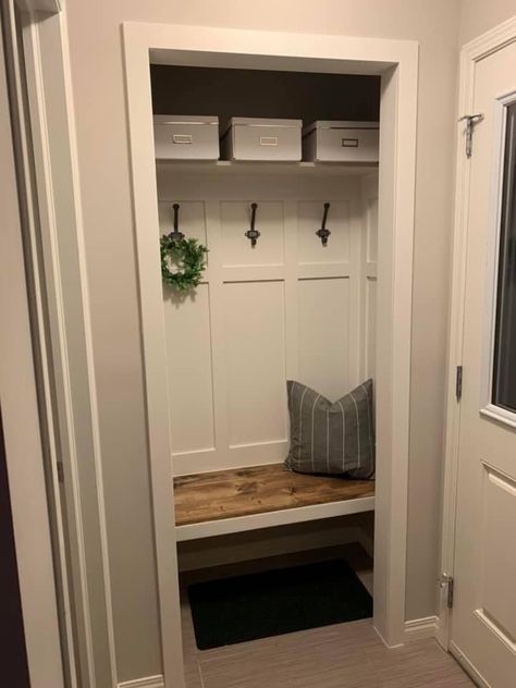 Tiny Entry Closet Ideas, Entryway Coat Closet Organization, Coat Closet Inspiration, Small Front Hall Closet Makeover, Small Entry Way Closet Organization, Tiny Closet Mudroom, Closet Redo Entryway, Diy Closet Entryway, Creative Coat Closet Ideas