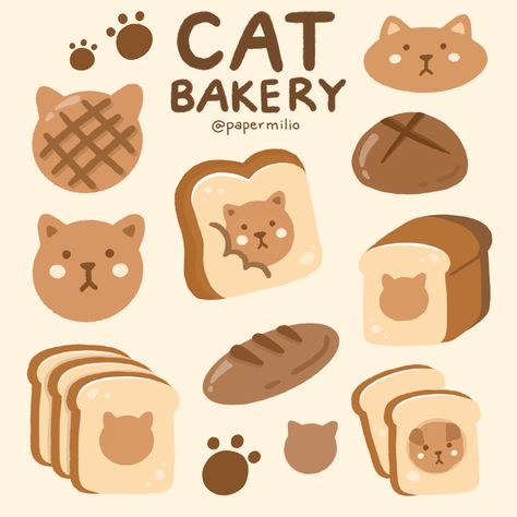 Bakery Drawing Aesthetic, Cat Bakery Illustration, Bread Aesthetic Drawing, Cat Bread Drawing, Draw Cute Stickers, Cute Bread Drawings, Bread Digital Art, Cute Stickers To Print, Cute Stickers Ideas