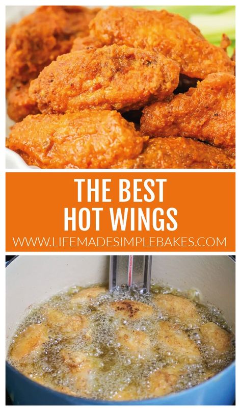 Hot wings are perfectly crispy outside with  juicy tender meat on the inside. These wings pack the perfect flavor punch!  #hotwings #chickenwings #chicken #boneinwings #appetizer Crispy Hot Wings Deep Fryer, Breaded Hot Wings, Hot Wings Recipe Fried, Fried Hot Wings, Easy Hot Wings Recipe, Hot Chicken Wings Recipe, Wings Recipe Oven, Chicken Wings Recipe Oven, Wing Flavors