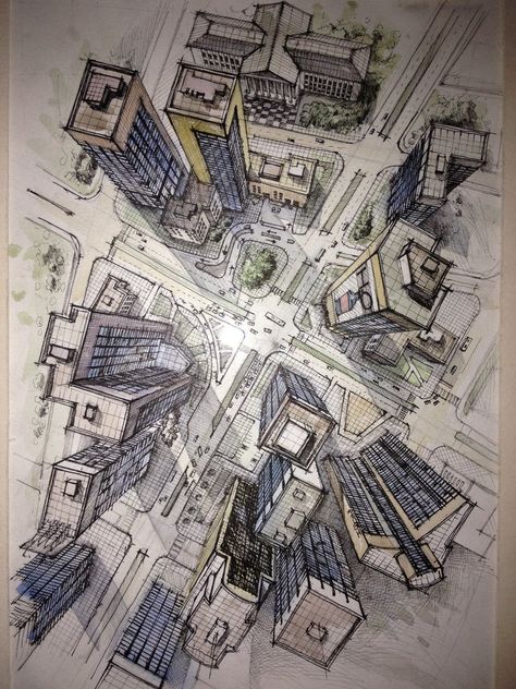 Aerial Perspective Drawing, Types Of Perspective, Cyberpunk Cityscape, Aerial Perspective, Perspective Drawing Architecture, Arte Indie, Perspective Drawing Lessons, Architecture Sketchbook, Tall Buildings