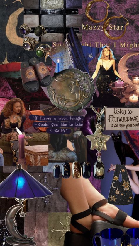 A collage of whimsigothic aesthetic: crescent moons, stevie nicks, black cats, purple velvet, candles, crystals, celestial decor, mazzy star, whimsical rings, whimsigoth fashion, witchy Witch Fashion Aesthetic, Aesthetic Platform Shoes, Whimsigoth Witch, Whimsigoth Dress, 90s Witch, Whimsigoth Aesthetic, Earthy Girl, Witchy Outfits, Witch Fashion