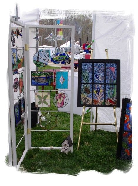 Gog display and stained glass | April 9th show | Meaco's Art Garden | Flickr Stained Glass Craft Booth, Stained Glass Vendor Display, Stained Glass Booth Display, Stained Glass Market Display, Stained Glass Vendor Booth, Stained Glass Display Craft Fairs, Stained Glass Display, Artist Booth, Hanging Glass Frames