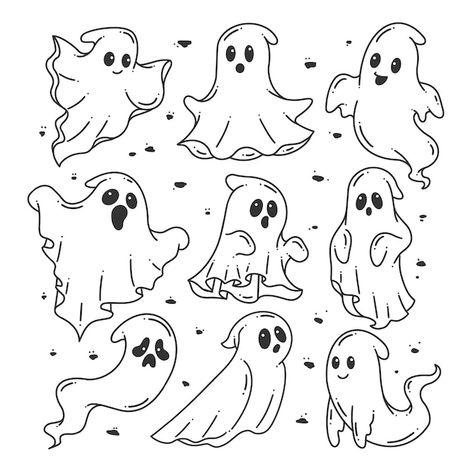 Hand-drawn halloween cute ghost set | Premium Vector #Freepik #vector #cute-illustration #cartoon-art #cartoon-sketch #cute Halloween Cute Ghost, Ghost Drawing, Black Cat Tattoos, Ghost Tattoo, Homemade Halloween Decorations, Ghost Cartoon, Spooky Tattoos, Halloween Vector, Halloween Cute