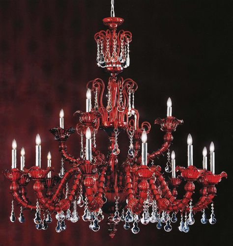 red and crystal chandelier! Red Crystal Chandelier, Make Your Own Chandelier, Garland Chandelier, Chandelier Designs, Mobile Chandelier, Red Chandelier, Fun Wedding Decor, Crystal Garland, Flower Chandelier