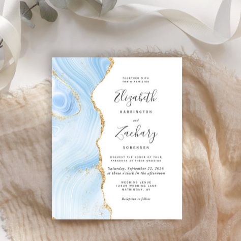 $1.28 | Budget Baby Blue Gold Agate Wedding Invitation #elegant, trendy, modern, chic, script, gold faux glitter, agate geode, budget, watercolor, pastel pale sky baby blue Baby Blue And Gold Wedding, Sky Blue Weddings, Popular Wedding Invitations, Script Wedding Invitations, Elegant Modern Wedding, Agate Wedding, Afternoon Wedding, Baby On A Budget, Nye Wedding