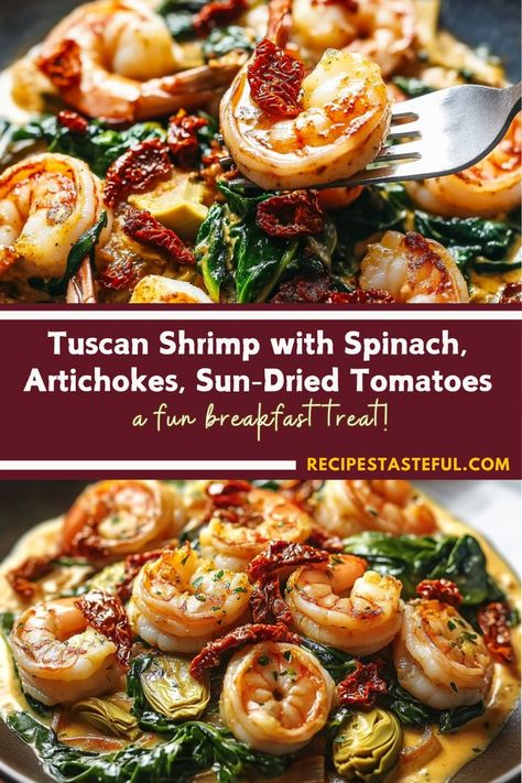 A quick and creamy Tuscan-style shrimp dish featuring spinach, artichokes, and sun-dried tomatoes, perfect for a weeknight dinner. Sun Dried Tomato Shrimp, Shrimp With Sundried Tomatoes Recipe, Shrimp With Sun Dried Tomatoes, Shrimp And Sun Dried Tomatoes, Tuscan Shrimp Orzo With Spinach, Tuscan Shrimp And Beans, Tuscan Shrimp Recipe, Kale Shrimp Recipes, Shrimp Artichoke Recipes