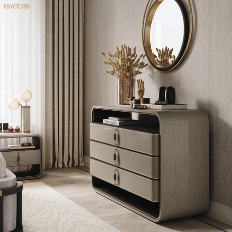 Chest Of Drawers Bedroom Modern Luxury, Console In Bedroom, Bedroom Chest Of Drawers Styling, Chest Of Drawers In Bedroom, Drawer Cabinet Bedroom, Luxury Chest Of Drawers, Chest Of Drawers Modern, Chest Of Drawers Decor, Chest Table