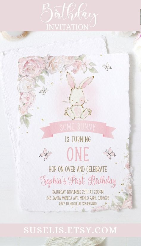 Some Bunny Is One Invitation, Bunny Invitation Template, Bunny Birthday Invitations, Bunny Birthday Party Decorations, Bunny Birthday Theme, Bunny Birthday Cake, Bunny Invitations, Bunny Birthday Party, 1st Birthday Girl Decorations