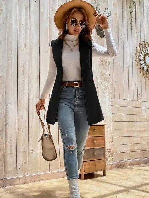 35 Best Sexy & Cute Fall Outfits for Women | Love and Moms Blazer Vest Outfits For Women, Outfits With Vests For Women, Blazer Vest Outfit, Fall Fashion Vest, Sleeveless Vest Outfit, Sleeveless Blazer Outfit, Cute Fall Outfits For Women, Outfit Fiesta, Vest Outfits For Women