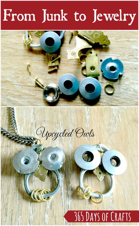 Turn junk into jewelry and make an upcycled owl necklace.  This is a great craft for girls night in or older girls scouts or even boy scouts to give as a mothers day gift idea. Upcycle Jewelry Box, Altered Jewelry, Boho Jewelry Diy, Hard Ware, Hardware Jewelry, Diy Jewelry Holder, Girls Night In, Junk Jewelry, Make Your Own Jewelry