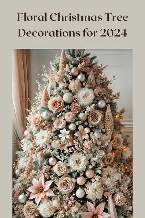 Bring a fresh twist to your tree with soft, elegant florals. Use artificial roses, poinsettias, and eucalyptus branches to create a whimsical, nature-inspired look. Pair pastel colors with warm lights for a cozy, romantic feel. Perfect for adding a touch of grace and beauty to your Christmas decor.#FloralChristmas, #Christmas2024, #FlowerDecor #RomanticChristmas #EucalyptusBranches #Poinsettias #NatureInspired, #CozyChristmas #HolidayElegance, #ChristmasTreeDecorations Christmas Tree Ideas Flowers, Pink Floral Christmas Tree, Floral Christmas Decor, Floral Tree Topper, Christmas Tree With Blush Ornaments, Pink Flower Christmas Tree, Floral Picks Christmas Tree, Rose Gold Christmas Tree Floral, Floral Shabby Christmas Tree