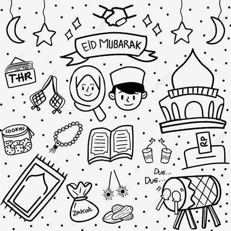 Eid Mubarak Doodle Art, Hari Raya Doodle, Eid Mubarak Doodle, Hari Raya Coloring, Ramadhan Doodle, Eid Mubarak Drawing Art, Eid Doodle, Ramadhan Illustration, Bar Drawing