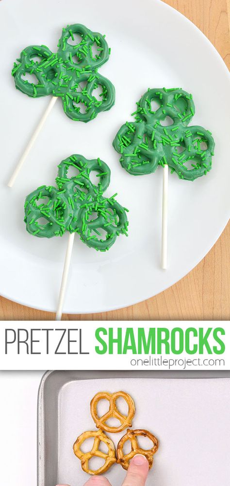 These pretzel shamrocks are so tasty and are SO EASY to make! Celebrate St. Patrick's Day with this simple recipe that kids can make themselves! These pretzel shamrock pops are such a fun St. Patrick's Day dessert and a festive snack to share with friends! Pretzel Shamrocks, Shamrock Pretzel Pops, Shamrock Pretzels, How To Make Pretzels, Pretzel Pops, St Patricks Food, St Patrick Day Snacks, Shamrock Shake Recipe, Sant Patrick