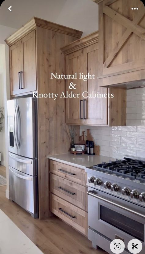 Adler Cabinets Knotty, Light Cabinets Kitchen, Natural Alder Cabinets, Kitchen With Stained Cabinets, Knotty Alder Stain Colors, Knotty Alder Stain, Knotty Alder Kitchen Cabinets, Knotty Alder Kitchen, Alder Kitchen Cabinets