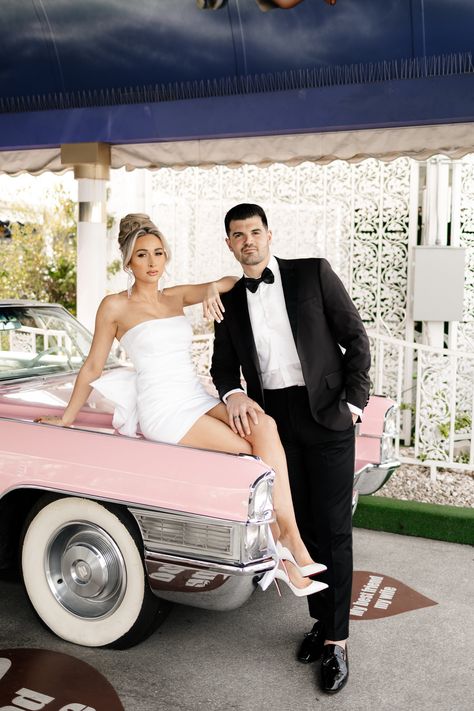 Bride and groom posing for photos with the Pink Cadillac at The Little White Chapel. Get inspired by more Little White Chapel Vegas wedding ideas, Little White Chapel Vegas aesthetic, and Little White Chapel Pink Cadillac wedding ideas! Book Kyra for your Las Vegas elopement photography at riskyexposurephotography.com! Pink Cadillac Wedding Las Vegas, Little White Chapel Vegas Aesthetic, Little White Wedding Chapel Las Vegas, Little White Chapel Vegas, Vegas Wedding Ideas, Fun Elopement, Vegas Elopement Photography, Vegas Aesthetic, Chapel Elopement