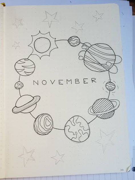 Solar System Notes Aesthetic, Planet Doodles Solar System, Bujo Planet Theme, Solar System Journal, Doodles Planets, Space Doodles Aesthetic, Bullet Journal Space Theme, Journal Ideas November, Planet Doodles