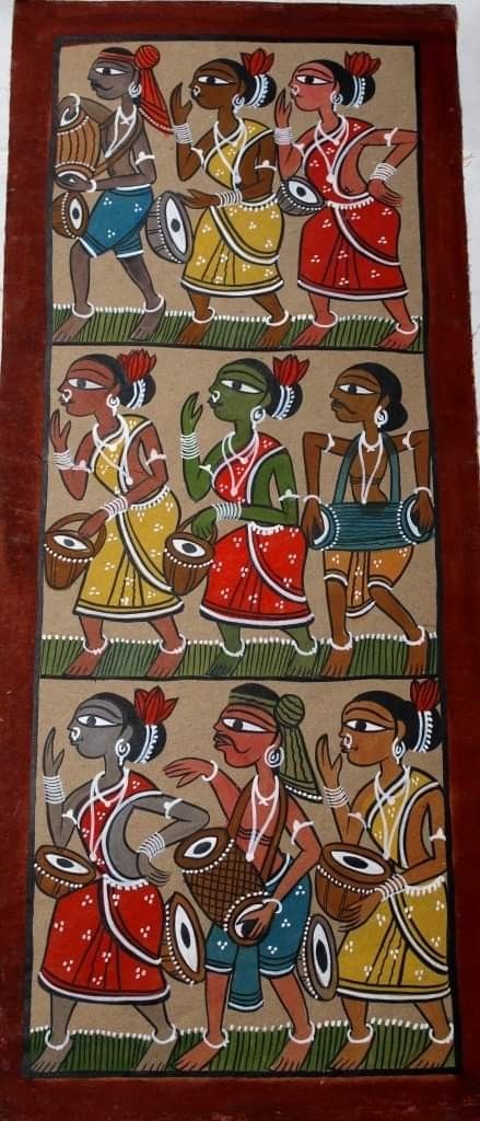 Bengal Folk Art Painting, Patchitra Painting Bengal, Gond Painting Folk Art Birds, Santhal Painting Folk Art, Bengal Art Paintings, Kamalkari Painting, Potochitra Painting, Patachitra Paintings Design, Santhal Paintings