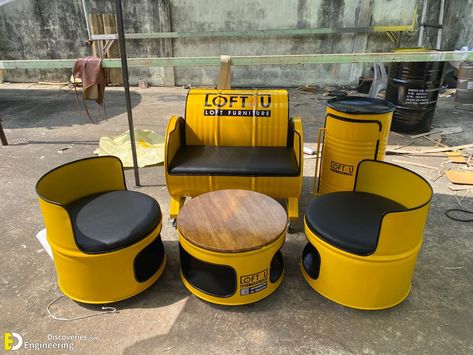 Practical Ways To Recycle Old Gallon Metal Drums Metal Barrel Furniture, Ikea Wardrobe Hack, Drum Seat, Iron Furniture Design, Garage Design Interior, Wood Spoon Carving, Outdoor Restaurant Design, Garage Furniture, Tricycle Bike